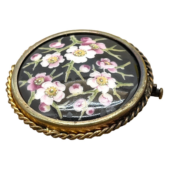 Limoges Old Brooch Pin Hand Painted Flowers Black Enamel Golden Rope P.Pastaud - Picture 3 of 7